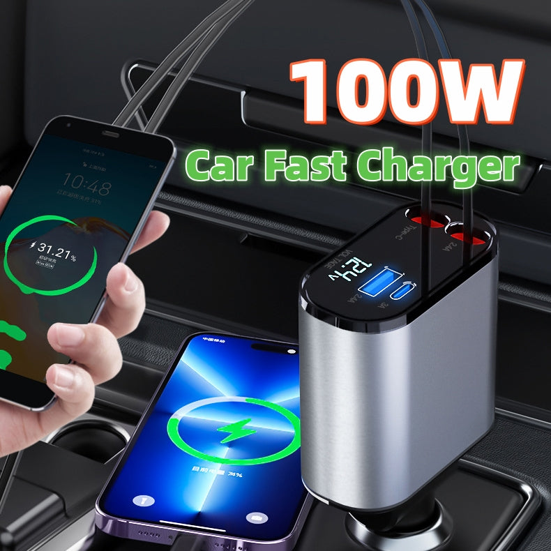 100W Metal Fast Car Charger USB + Type-C Adapter
