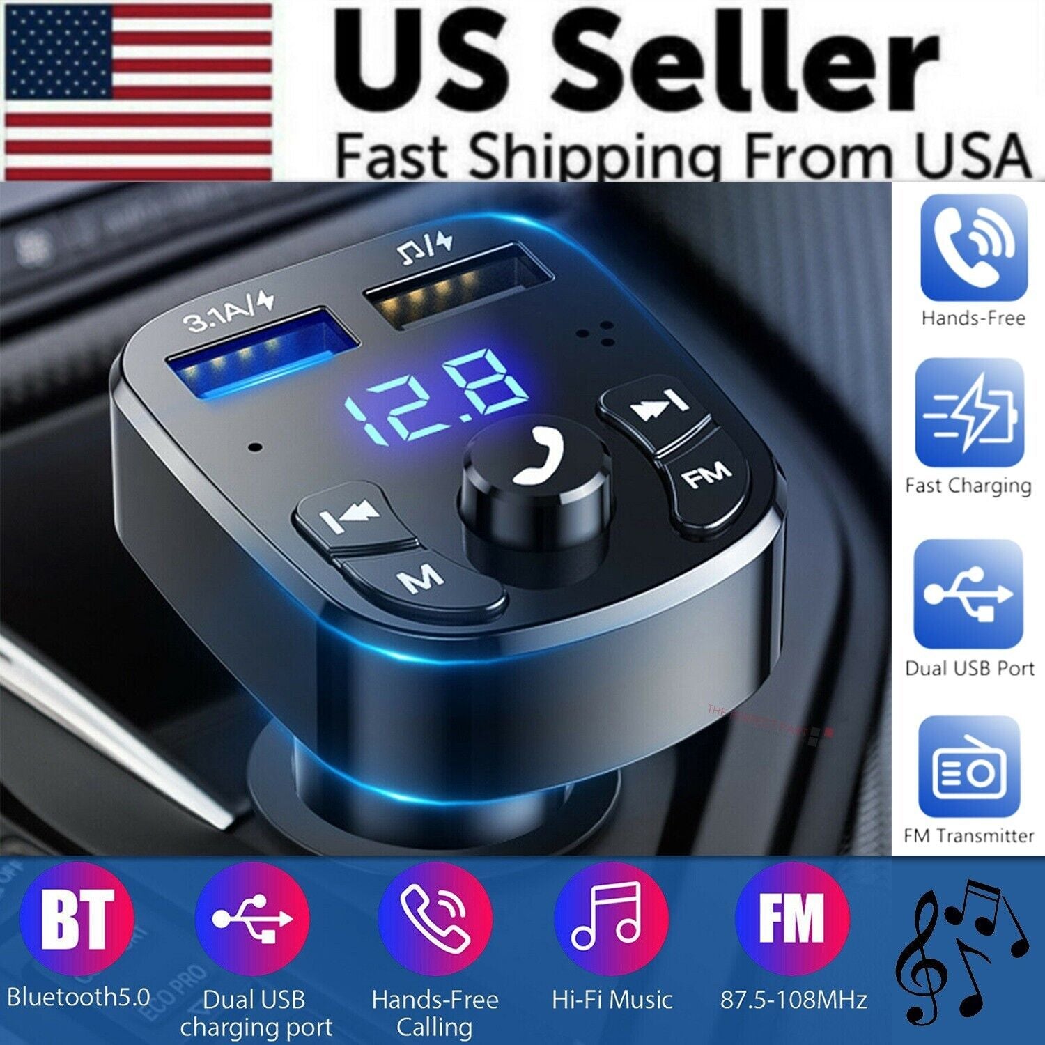 Bluetooth FM Transmitter Car Adapter with USB Charger